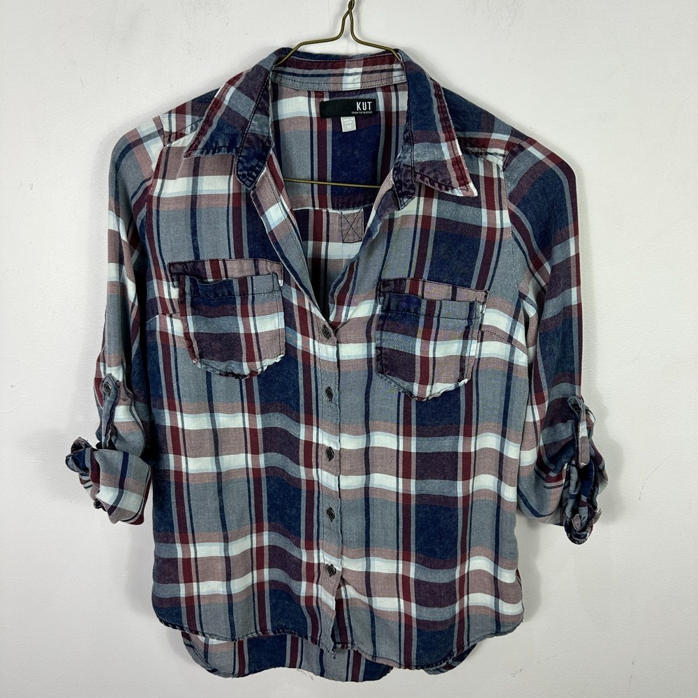Kut from the Kloth Plaid Shirt Womens‎ XS Blue Burgundy Lyocell Casual Outdoors